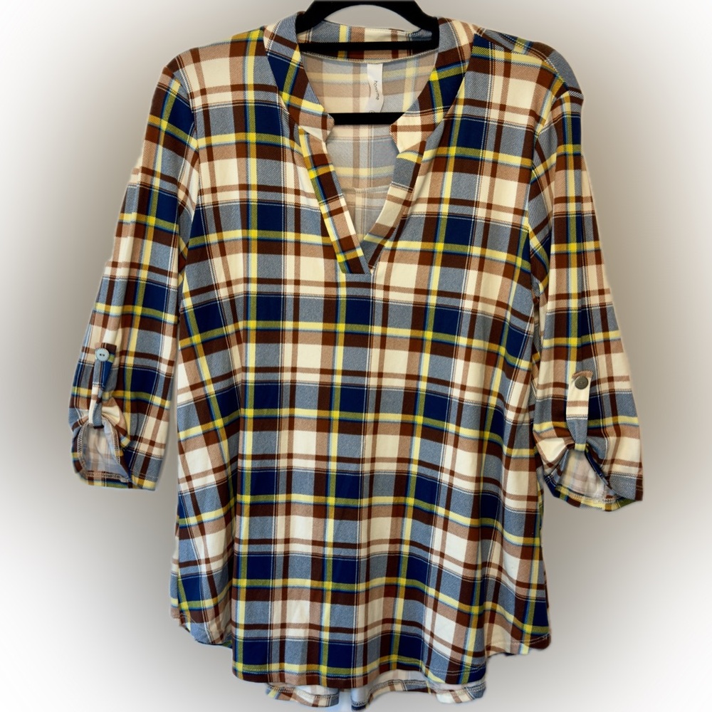 Honeyme Super Soft & Stretchy Brown/Blue Plaid Gabby, Womens Med, Relaxed Fit